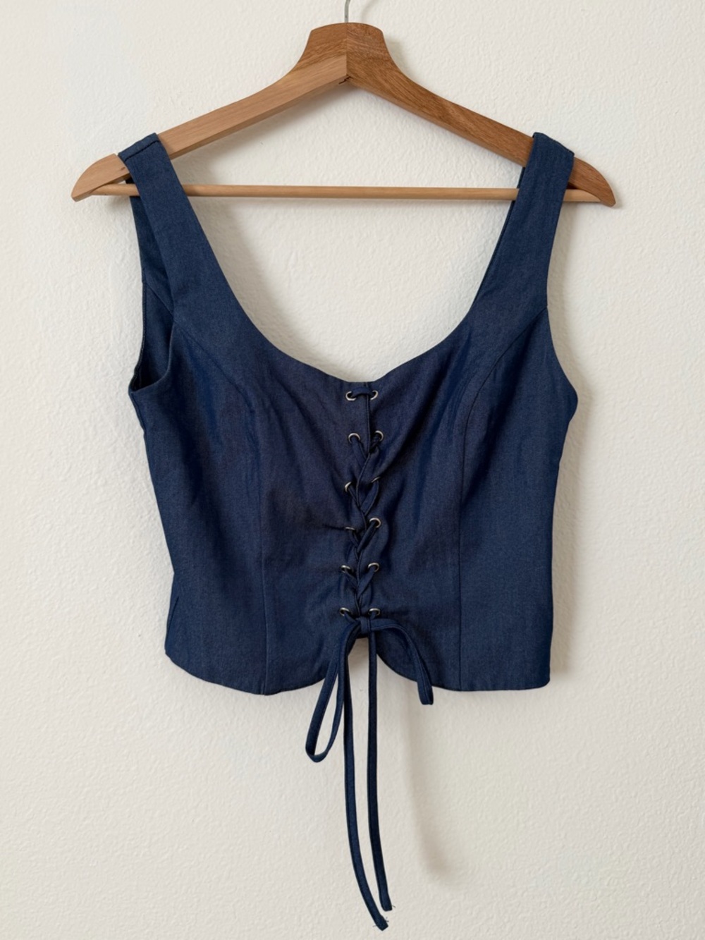 NIA Sicily Corset Lace Front Cropped Top Size Small S Chambray Denim Blue Rodeo - Picture 2 of 10